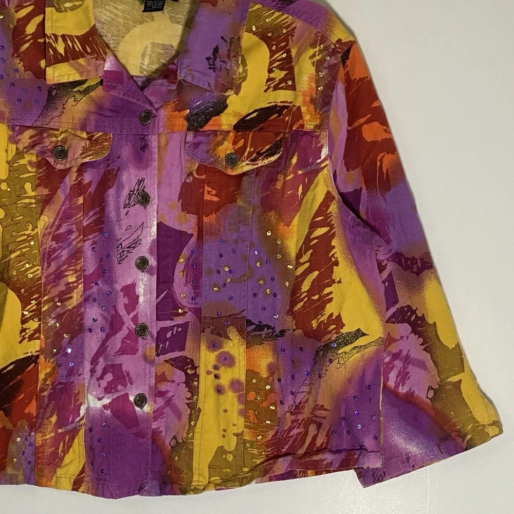 Gaudy Couture Denim Jacket‎ Womens 1X Purple Yellow Embellished Artsy Eclectic
